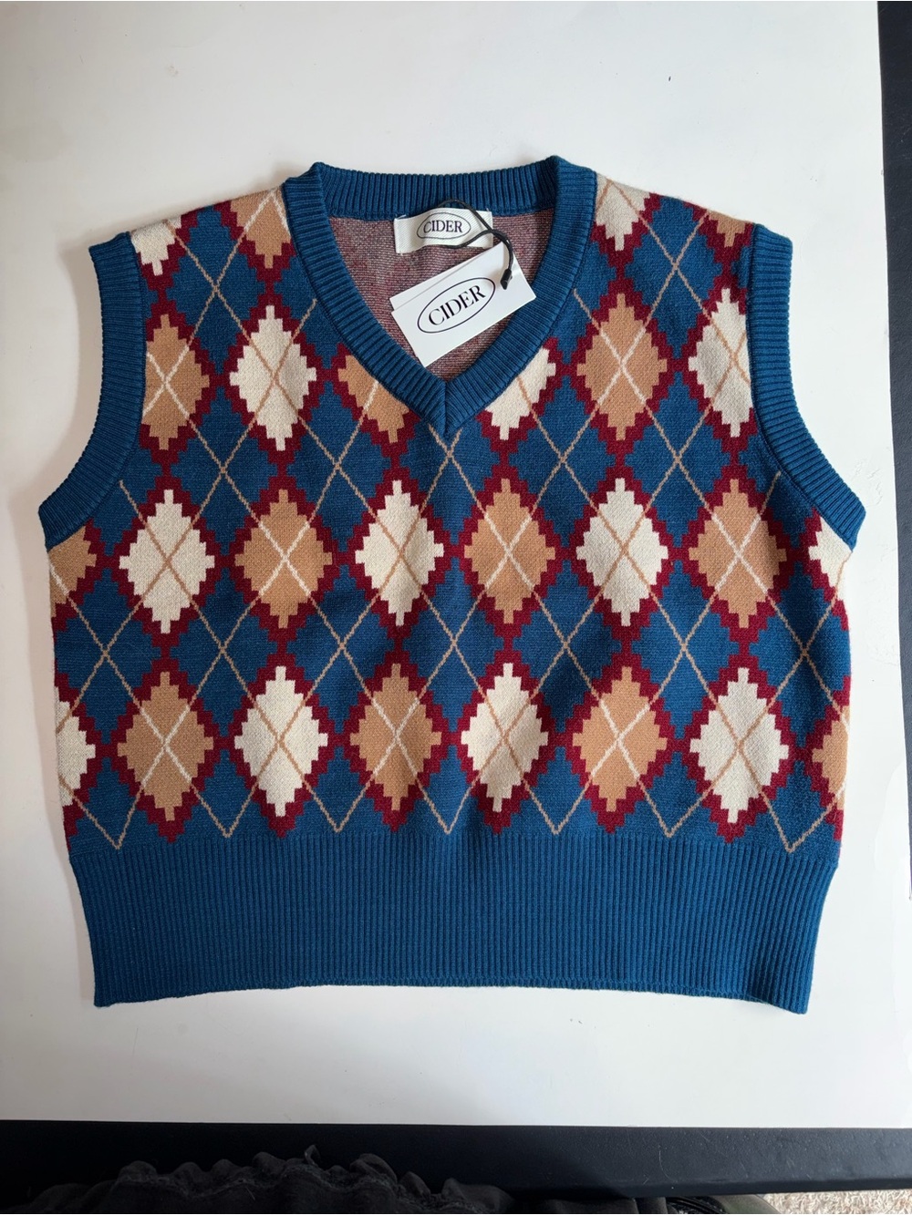 Cider Argyle knit Vest V-Neck Sweater Vest with Cream, Tan & Burgundy Accents